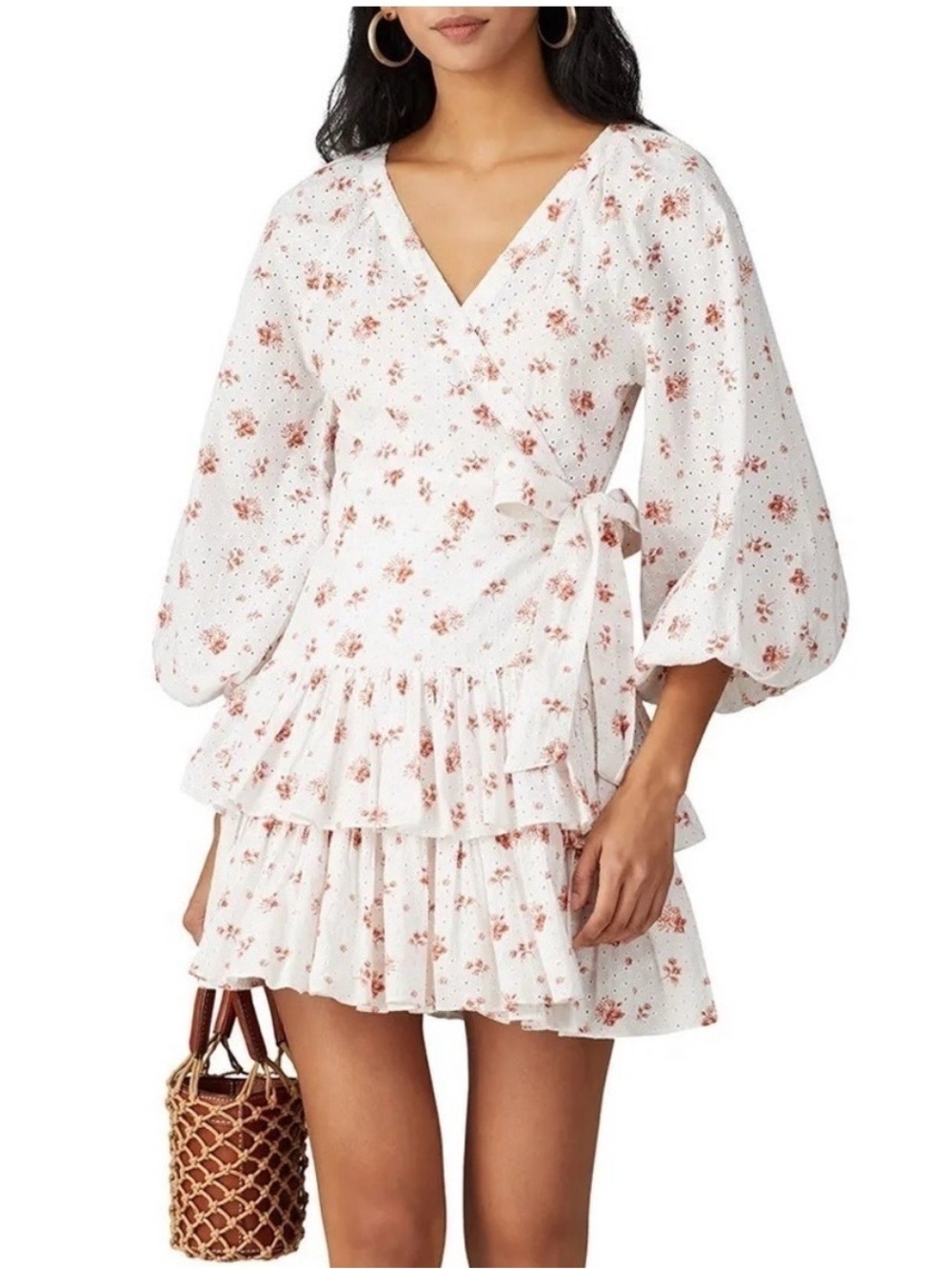 Maia Bergman Floral Eyelet Wrap Ruffle Dress Size Medium